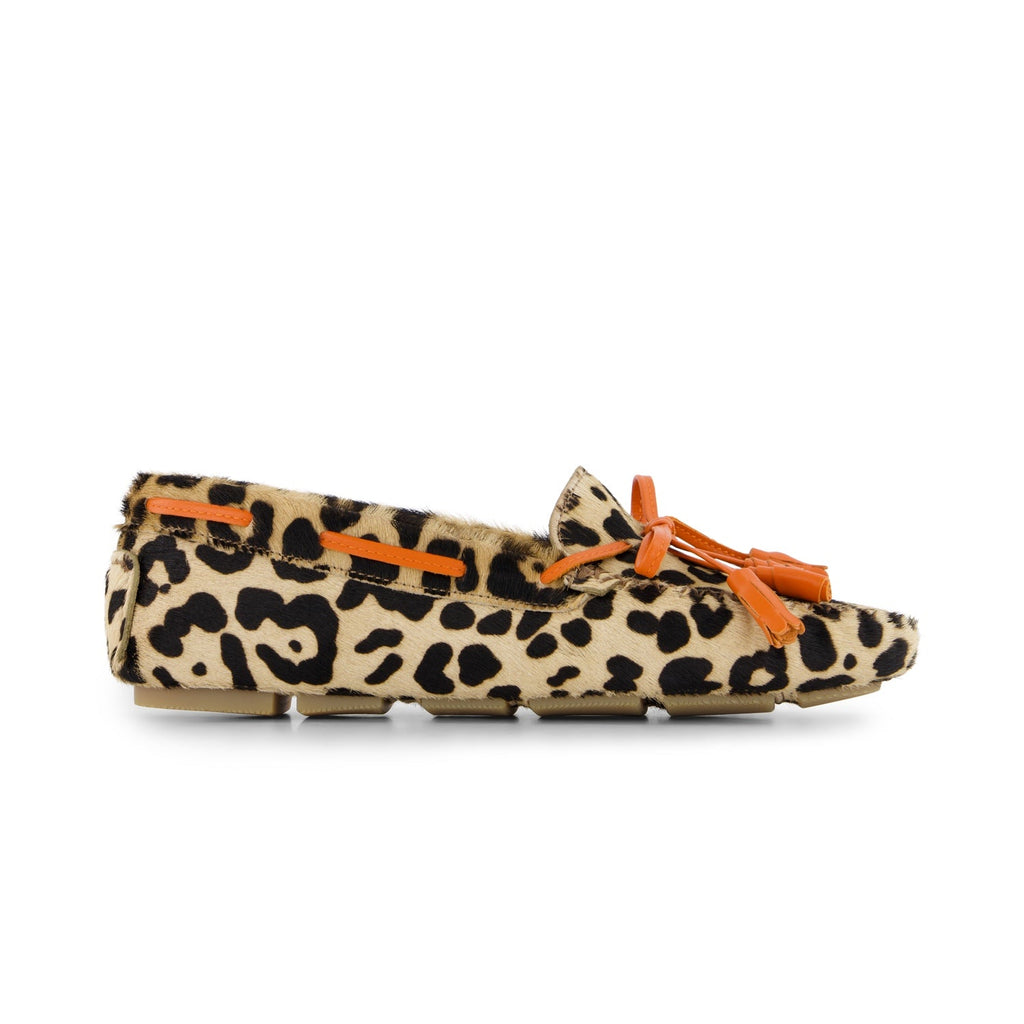 ELODIE Leo Orange Mokassin aus Echtleder mit auffälligem Muster - farbenfroher Damenschuh